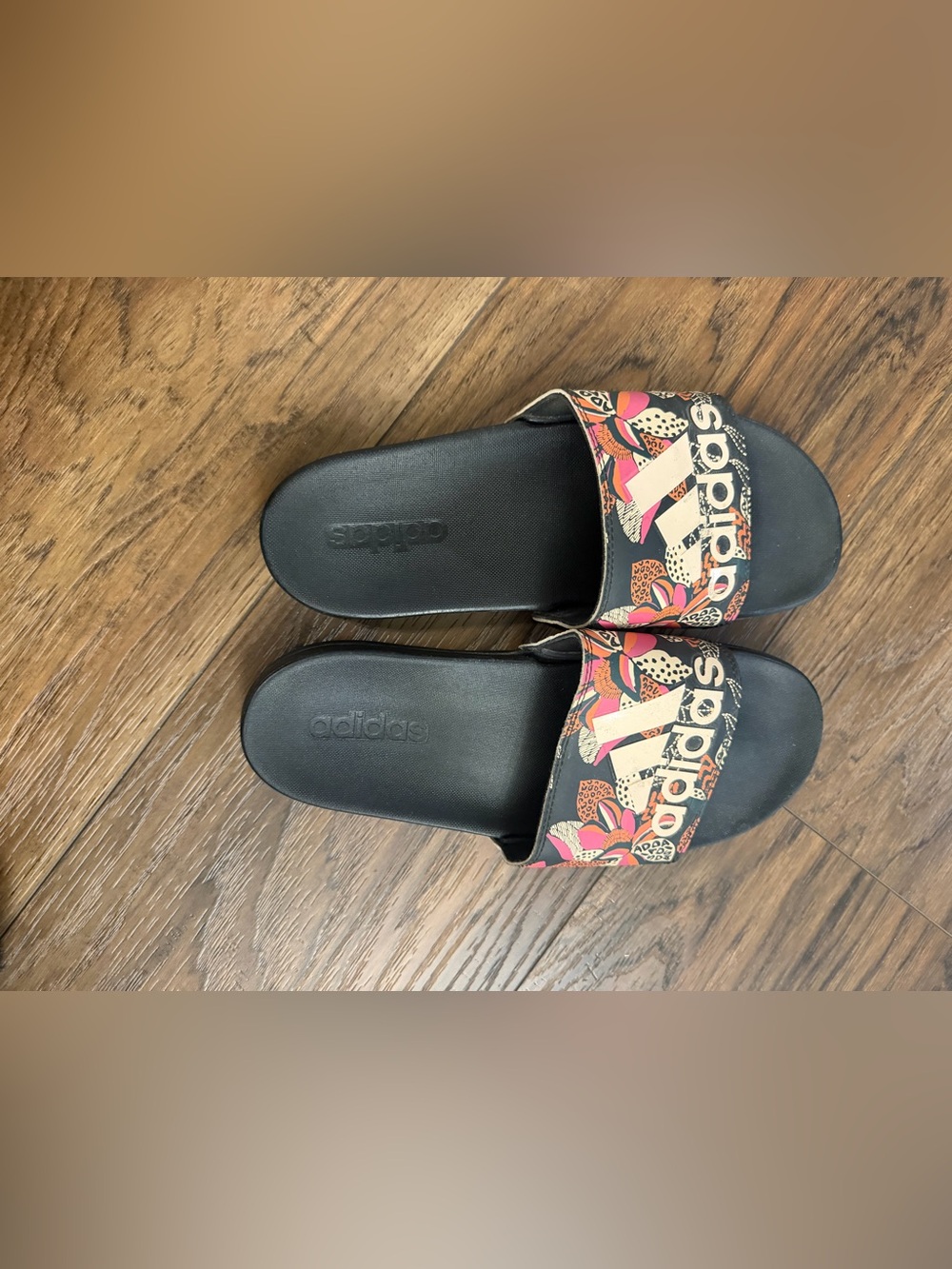 adidas Black Slide Sandals with Pink and Cream Floral Strap
